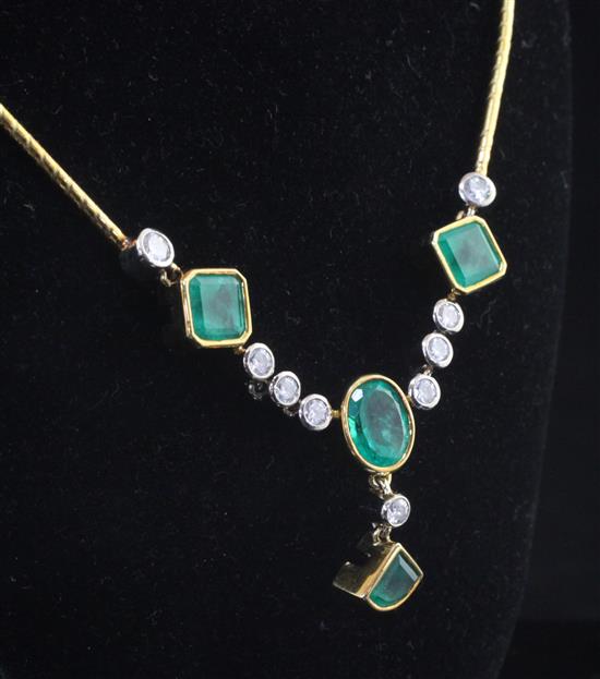 An attractive 18ct gold, emerald and diamond drop necklace,